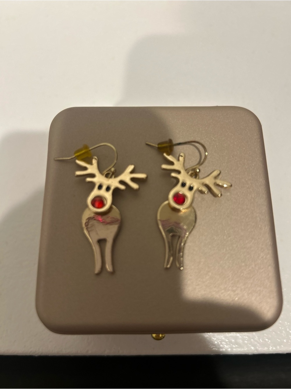 Gold Reindeer Dangle Earrings with Red Accent - Women Jewelry